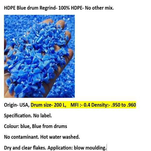 HDPE Blue Drum Regrind - 100% HDPE - No other Mix for sale 