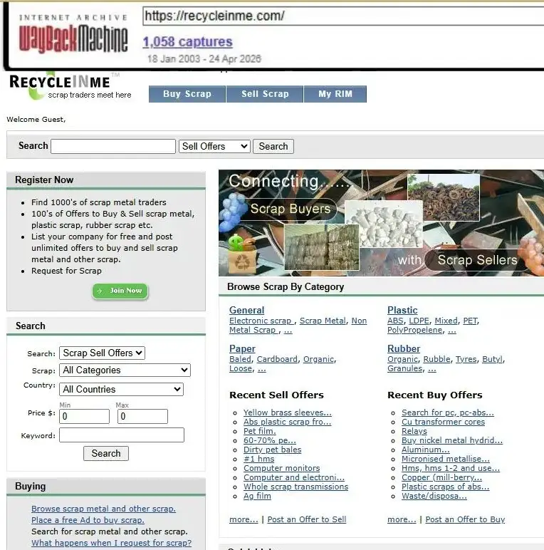 RecycleInMe website screenshot from 2006 showing marketplace evolution