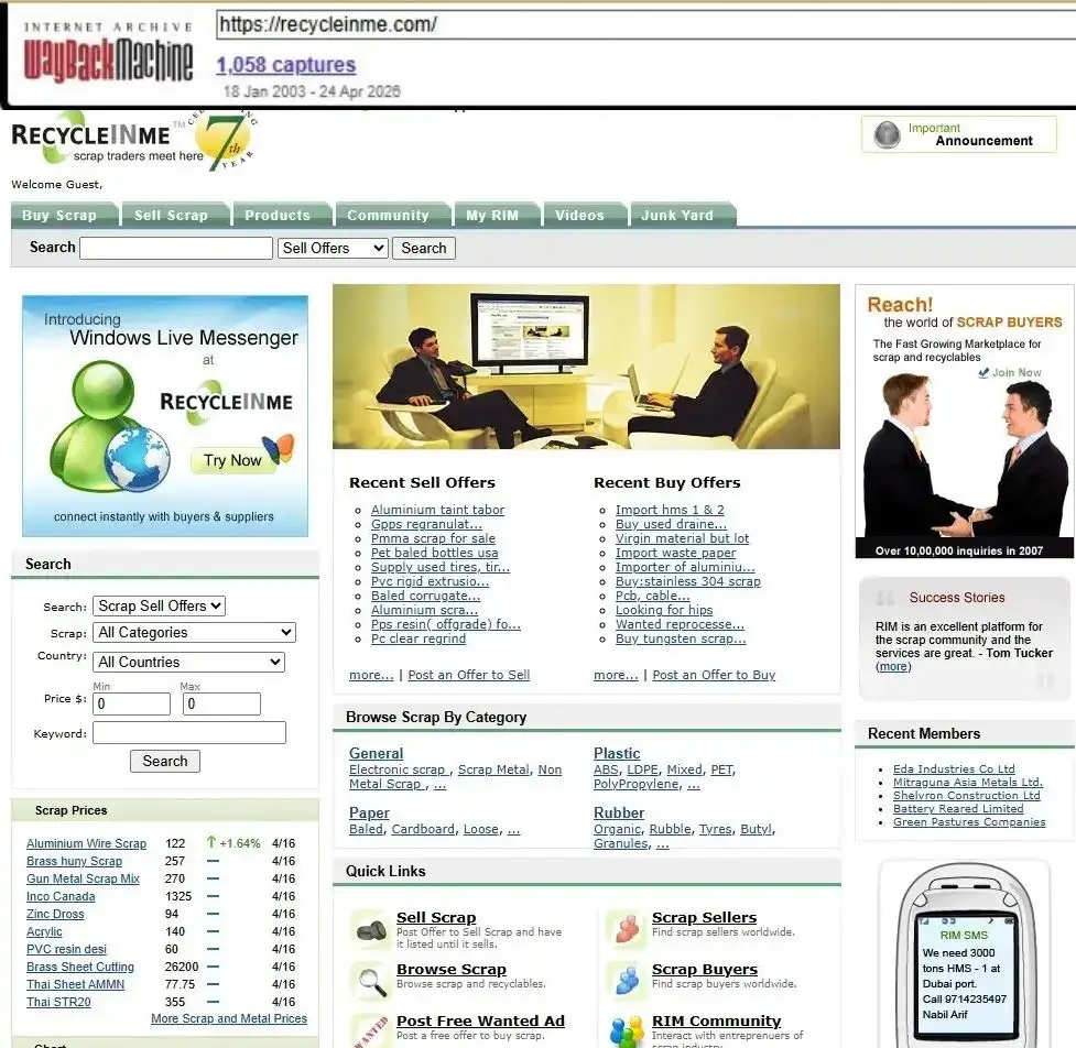 RecycleInMe website archive from 2010 showing established B2B scrap portal