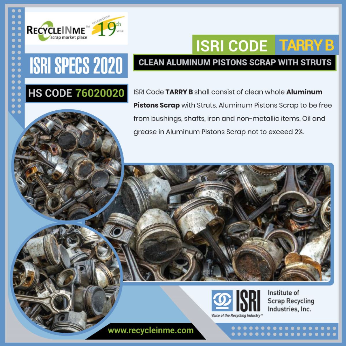 ISRI CODE: TARRY B - CLEAN ALUMINUM PISTONS WITH STRUTS