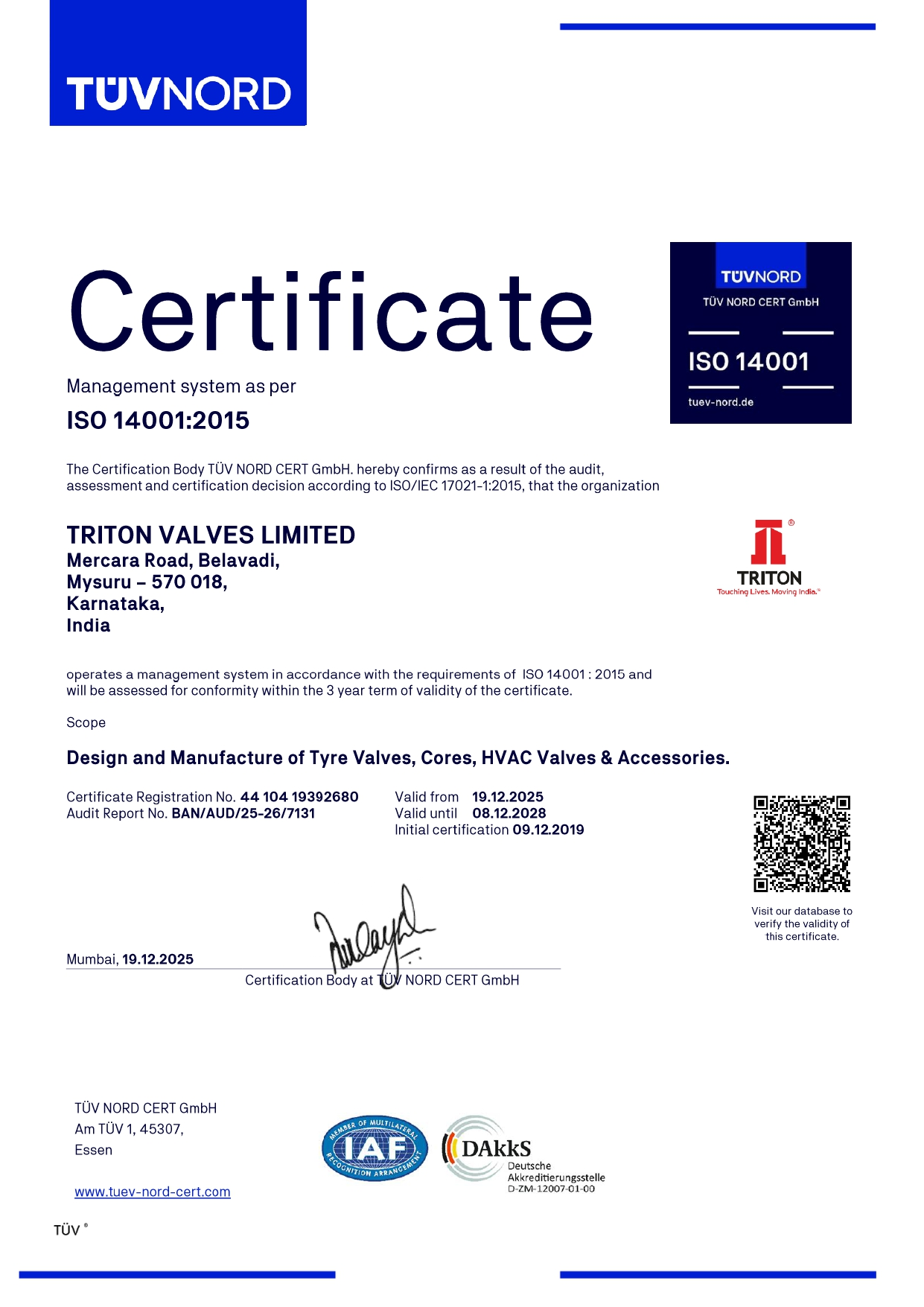 Recycleinme Verified Credential for TRITON VALVES LTD